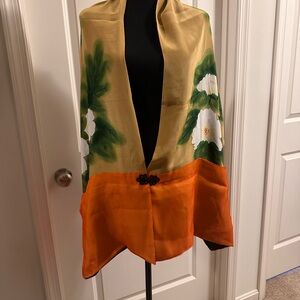 Floral Silk Pocket Shawl with Gold and Orange Accents